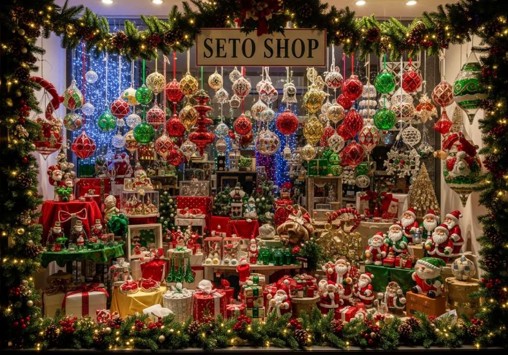 Store display of various Christmas decorations, ornament xmas, and accessories at SETO SHOP, no people