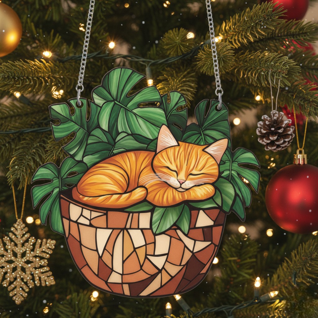 Brighten Your Space: Adorable Orange Cat & Monstera Suncatcher Delight