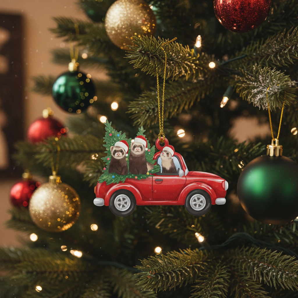 Celebrate the Season: Your Ferret's Festive Ride in a Red Truck Ornament