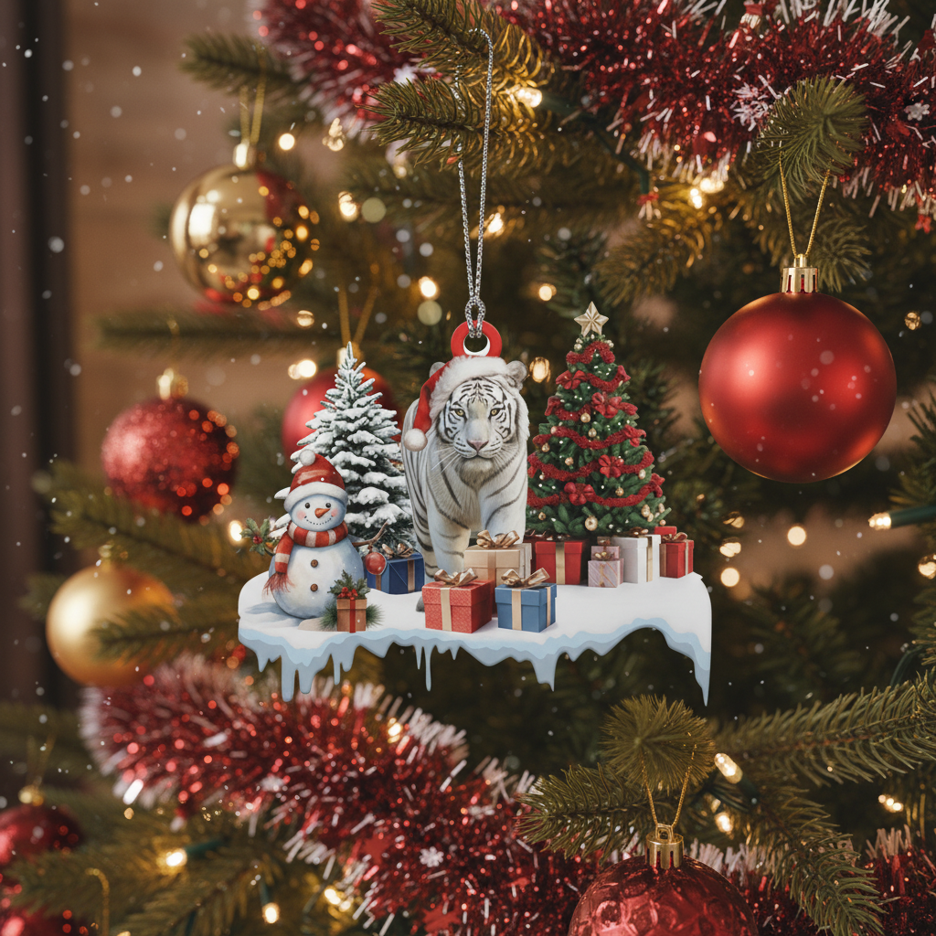 Adorn Your Tree with Majestic Grace: White Tiger Christmas Ornament