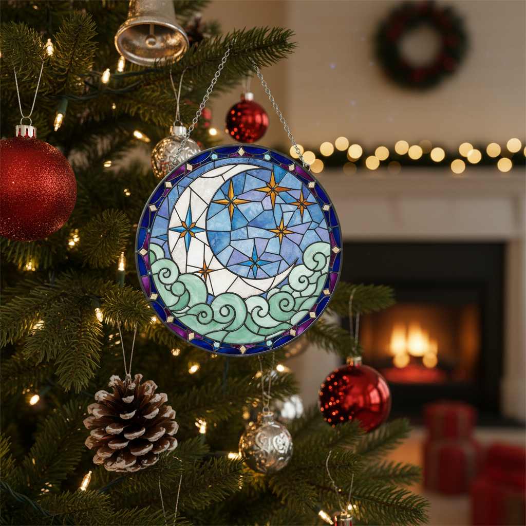 Illuminate Your Home: The Celestial Moon & Star Stained Glass Suncatcher