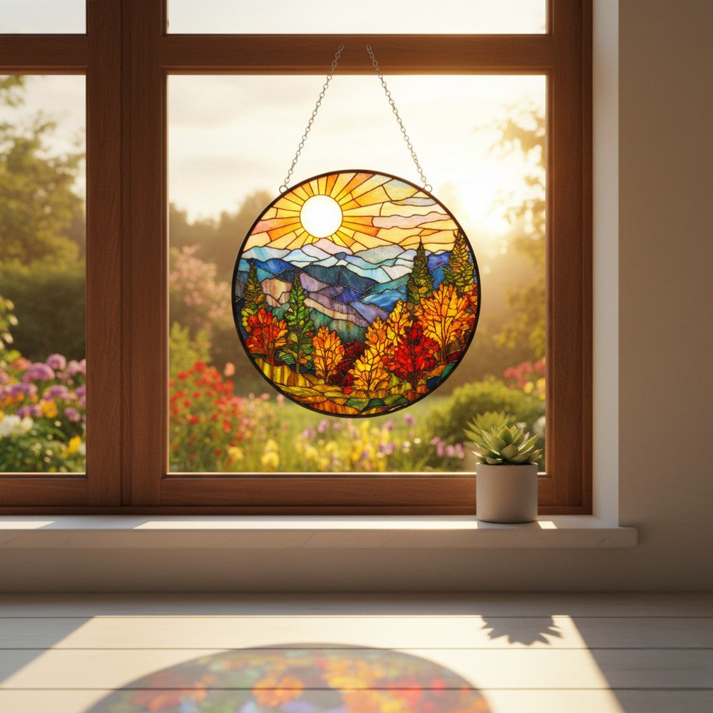 Transform Your Home: The Mountain Sunset Stained Glass Suncatcher