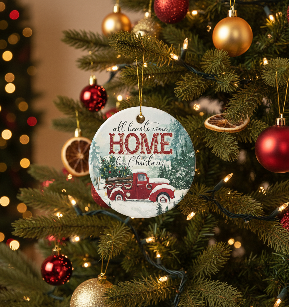 [2D FLAT ACRYLIC] All Hearts Come Home for Christmas Ornament | Red Truck Ceramic Holiday Decor