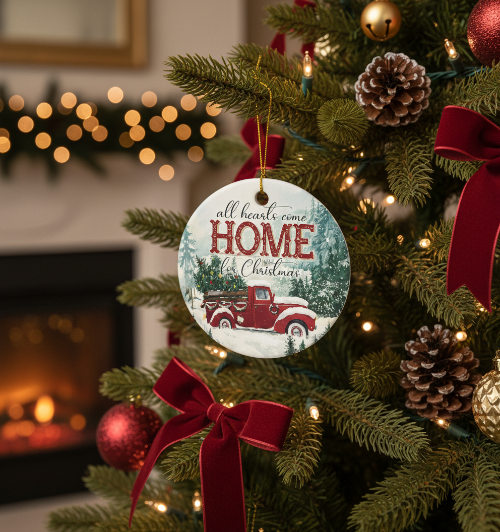 [2D FLAT ACRYLIC] All Hearts Come Home for Christmas Ornament | Red Truck Ceramic Holiday Decor
