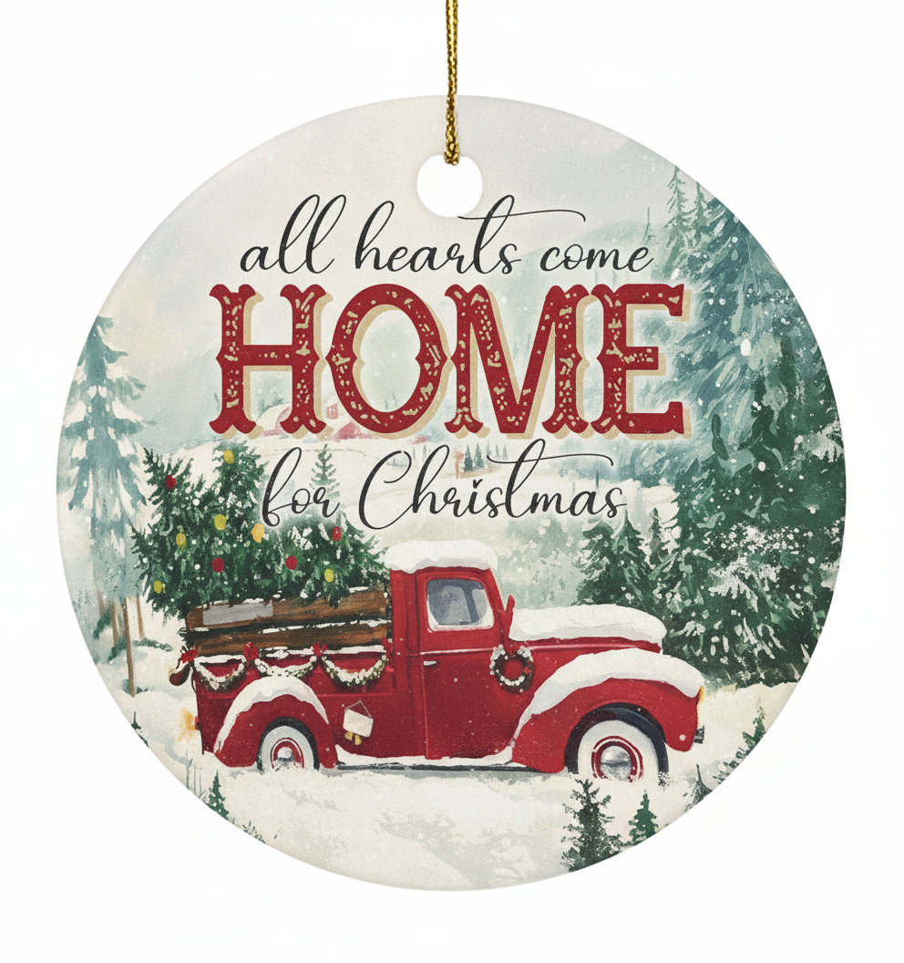 [2D FLAT ACRYLIC] All Hearts Come Home for Christmas Ornament | Red Truck Ceramic Holiday Decor