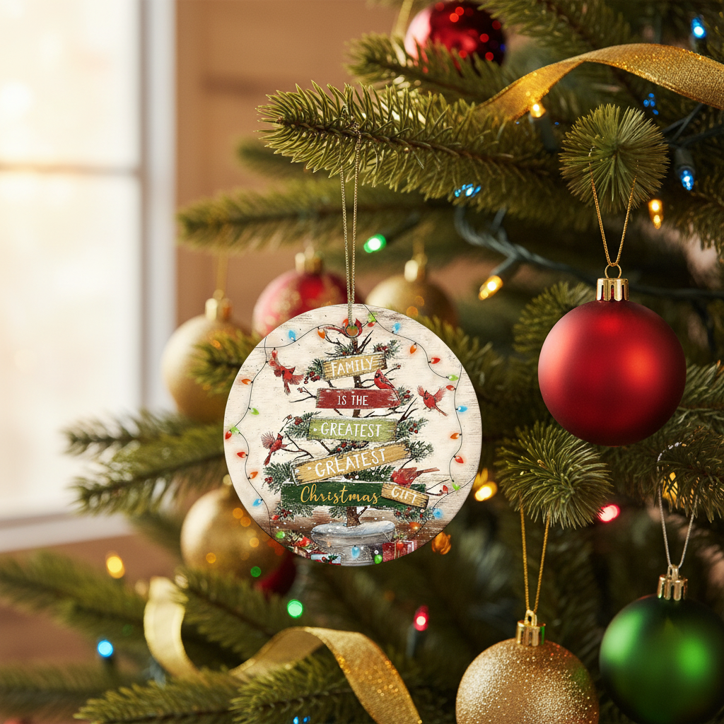 [2D FLAT ACRYLIC] Cardinal Christmas Tree Ornament - "Family Is The Greatest Gift" Keepsake