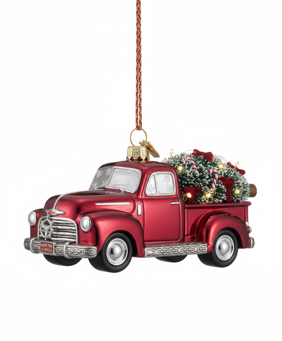 [2D FLAT ACRYLIC] 4-Inch Glass Truck with Christmas Tree Ornament | Festive Holiday Decor
