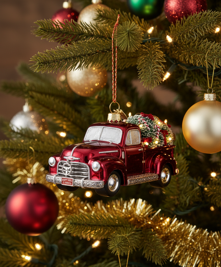 [2D FLAT ACRYLIC] 4-Inch Glass Truck with Christmas Tree Ornament | Festive Holiday Decor