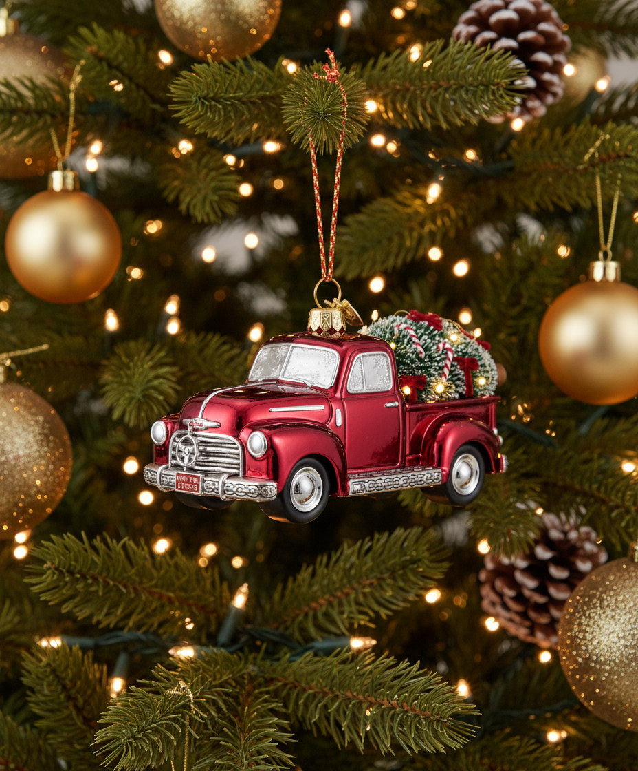 [2D FLAT ACRYLIC] 4-Inch Glass Truck with Christmas Tree Ornament | Festive Holiday Decor