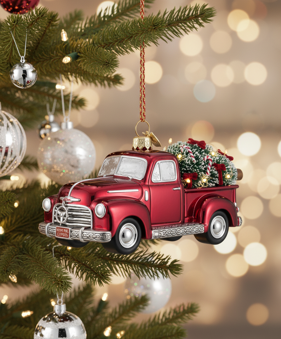 [2D FLAT ACRYLIC] 4-Inch Glass Truck with Christmas Tree Ornament | Festive Holiday Decor