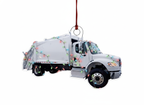 A white garbage truck Christmas ornament decorated with colorful holiday string lights, hanging by a red ribbon on a white background.