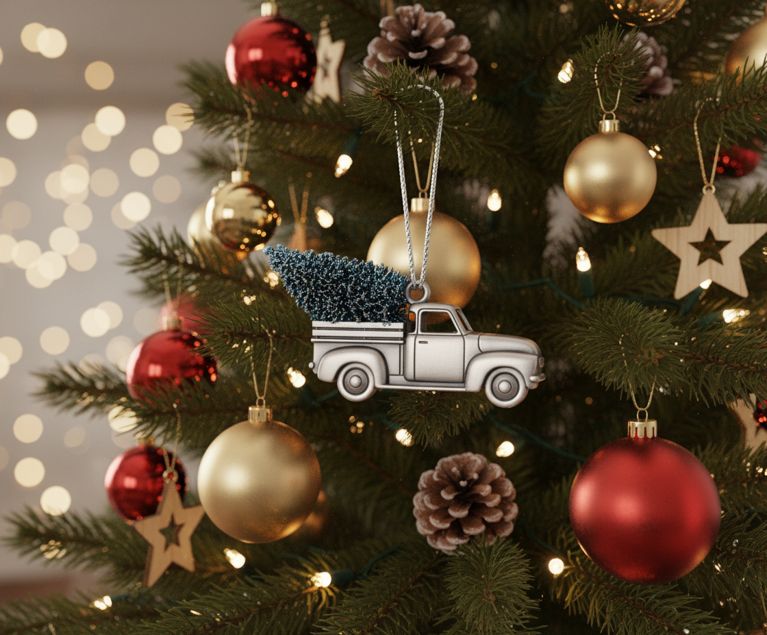 [2D FLAT ACRYLIC] American Flag Truck Christmas Ornament | Patriotic Trucker Gift for Truck Drivers