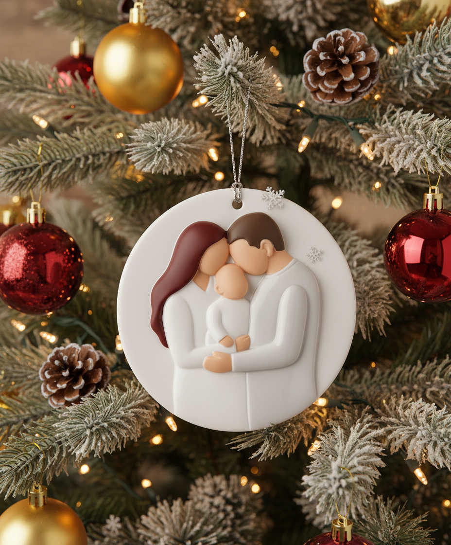 [2D FLAT ACRYLIC] 3D Our First Christmas as a Family of Three Ornament 2025 | New Baby Keepsake Gift
