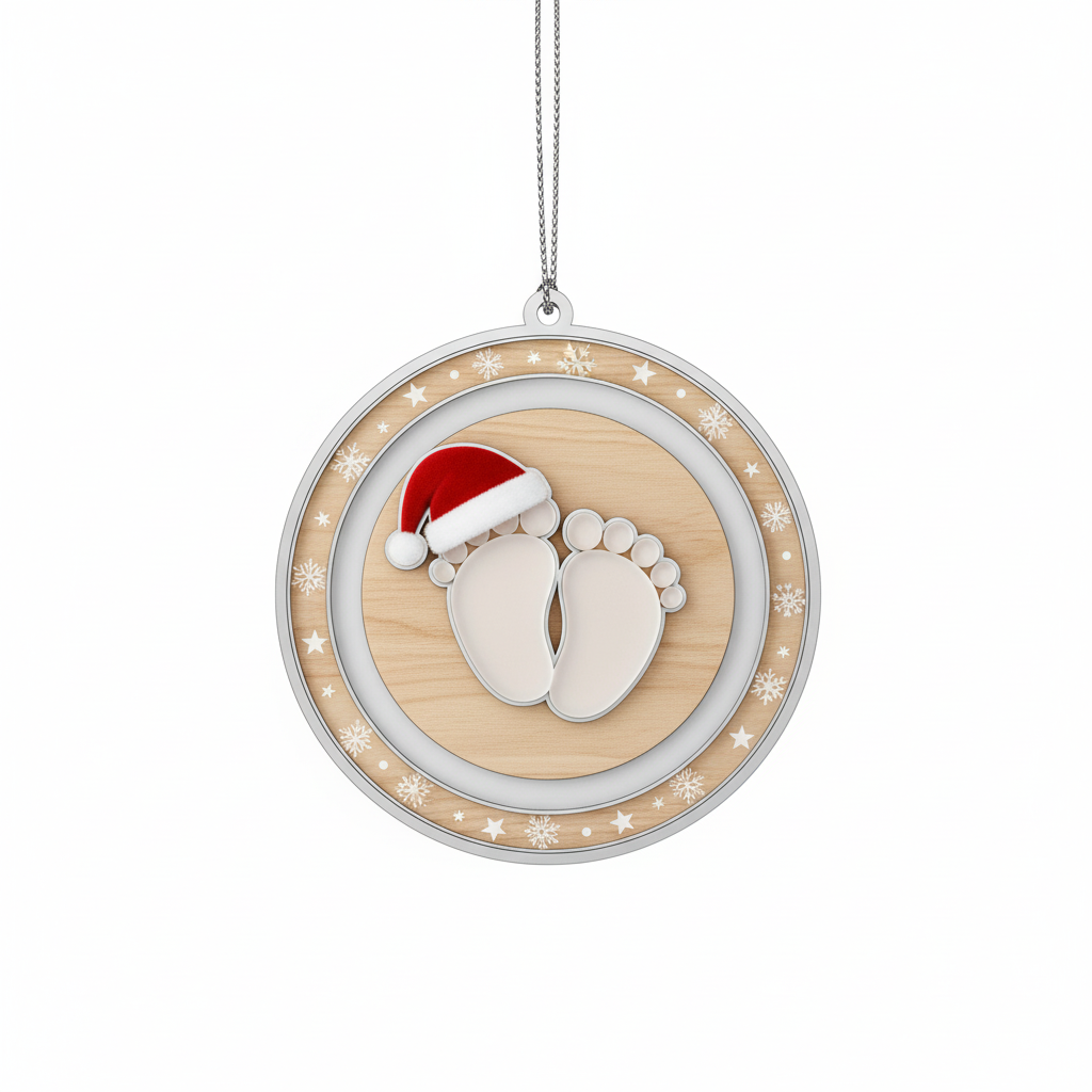 [2D FLAT ACRYLIC]  Baby's First Christmas Ornament - Footprints & Santa Hat New Baby Keepsake Gift