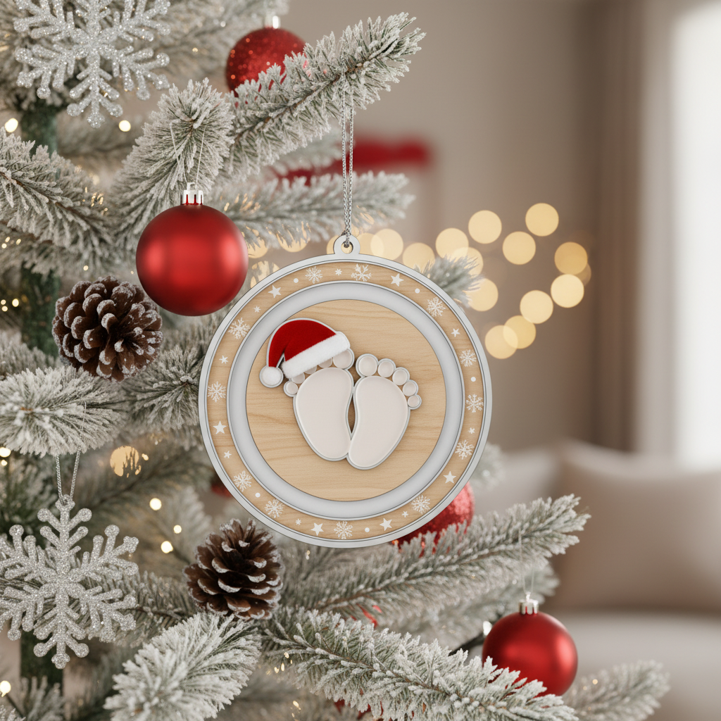[2D FLAT ACRYLIC]  Baby's First Christmas Ornament - Footprints & Santa Hat New Baby Keepsake Gift