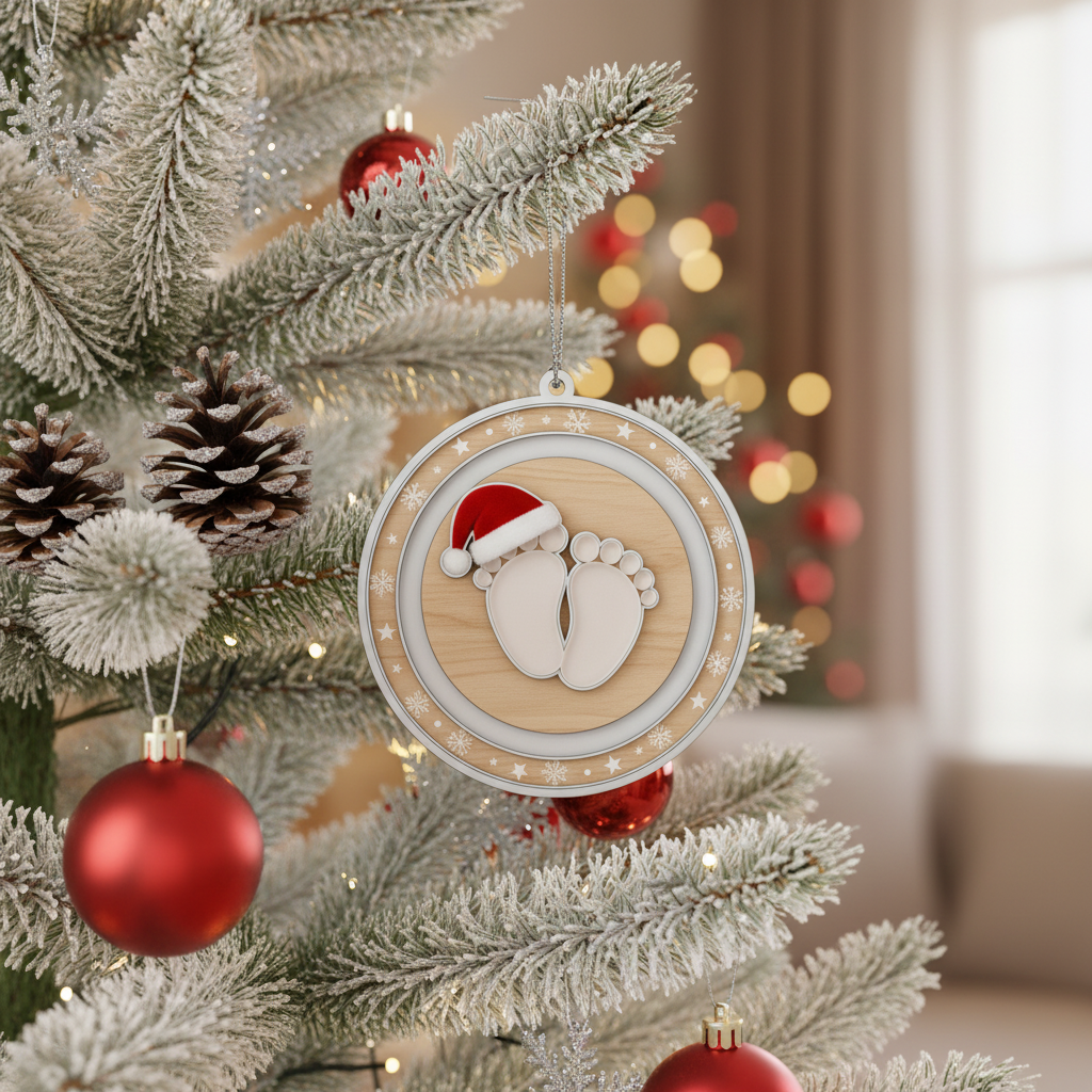 [2D FLAT ACRYLIC]  Baby's First Christmas Ornament - Footprints & Santa Hat New Baby Keepsake Gift