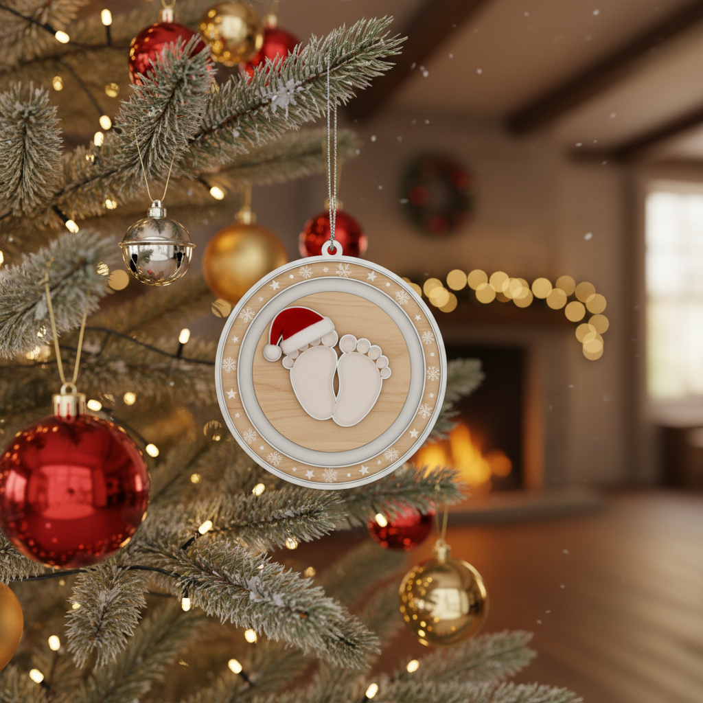 [2D FLAT ACRYLIC]  Baby's First Christmas Ornament - Footprints & Santa Hat New Baby Keepsake Gift