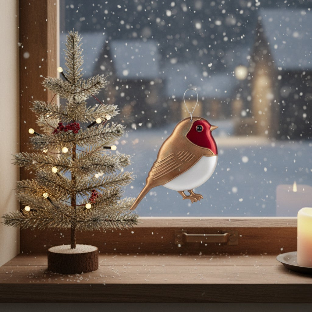 [2D FLAT ACRYLIC] Handmade Glitter Robin Ornament – Christmas Tree Decoration & Memorial Keepsake Gift