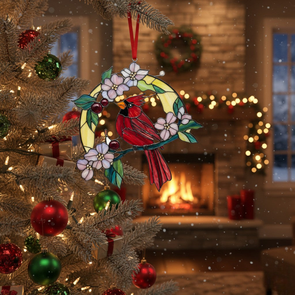 [2D FLAT ACRYLIC] Cardinal Ornament 2025 | Stained Glass Red Bird Decoration | Memorial Christmas Ornament