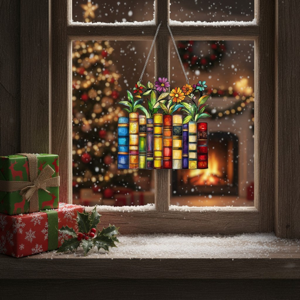 [2D FLAT ACRYLIC] Floral Book Suncatcher Ornament – Unique Acrylic Gift for Book Lovers