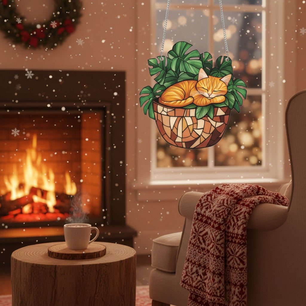 [2D FLAT ACRYLIC] Adorable Orange Cat Monstera Suncatcher – Window Decor for Plant Lovers