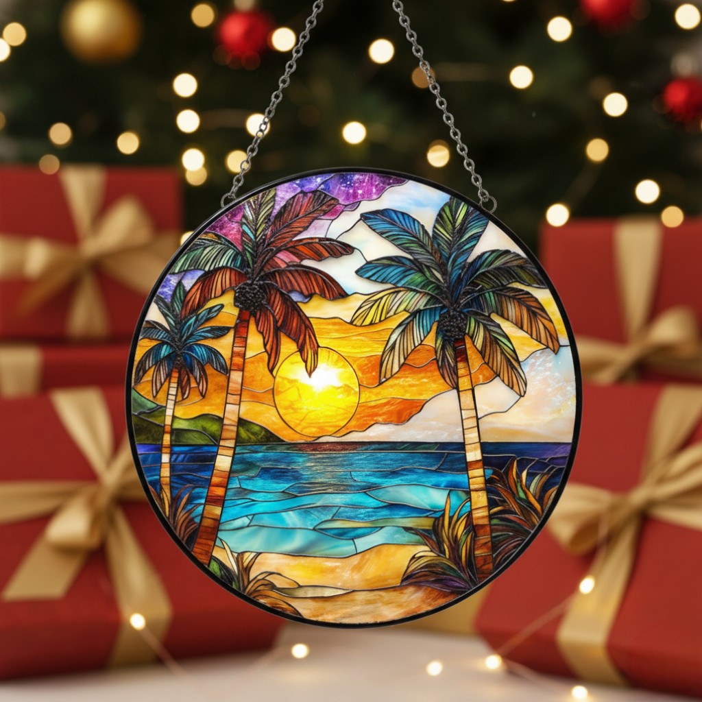 [2D FLAT ACRYLIC] Beach Sunset Stained Glass Suncatcher – Vibrant Window Hanging for Home Decor