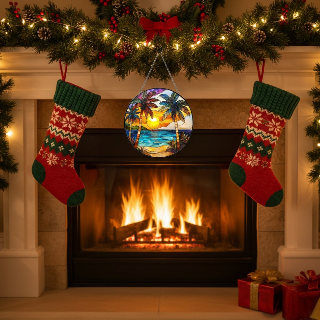 [2D FLAT ACRYLIC] Beach Sunset Stained Glass Suncatcher – Vibrant Window Hanging for Home Decor