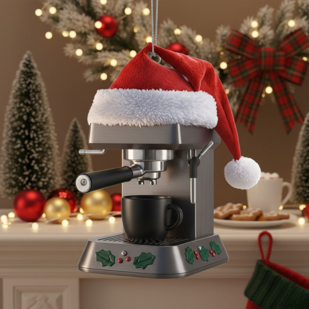 [2D FLAT ACRYLIC] Coffee Maker Christmas Ornament – Cute Holiday Decor Gift for Coffee Lovers