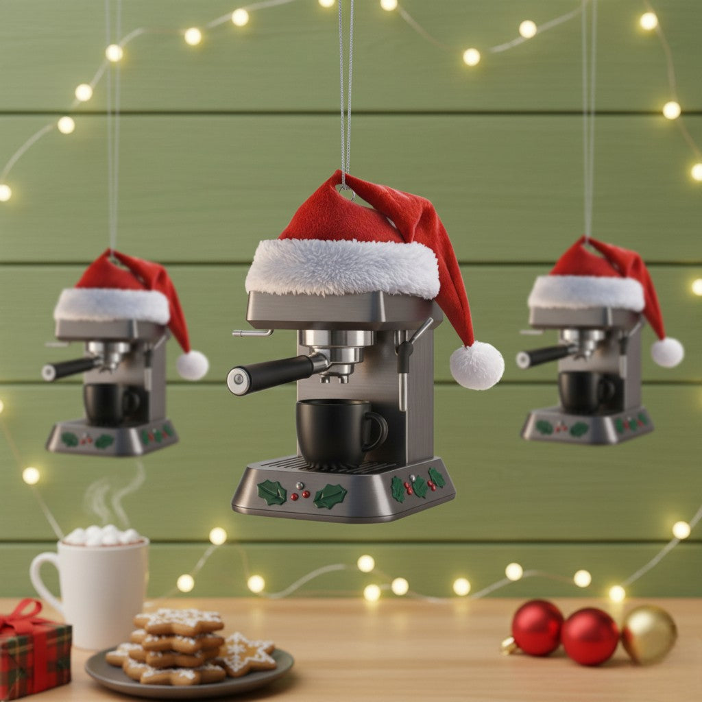 [2D FLAT ACRYLIC] Coffee Maker Christmas Ornament – Cute Holiday Decor Gift for Coffee Lovers