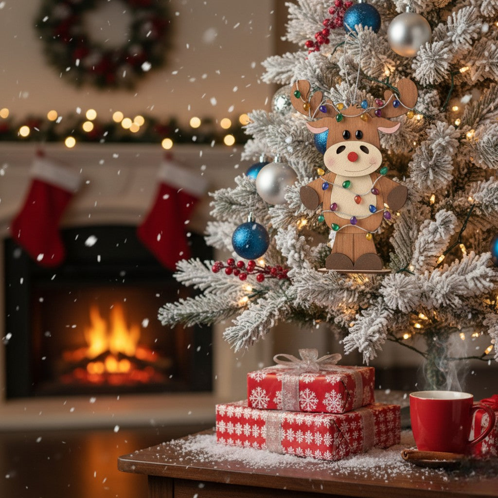 [2D FLAT ACRYLIC] Cute Reindeer Christmas Ornament | 2D Wood Ornament with String Lights | Holiday Tree Decoration