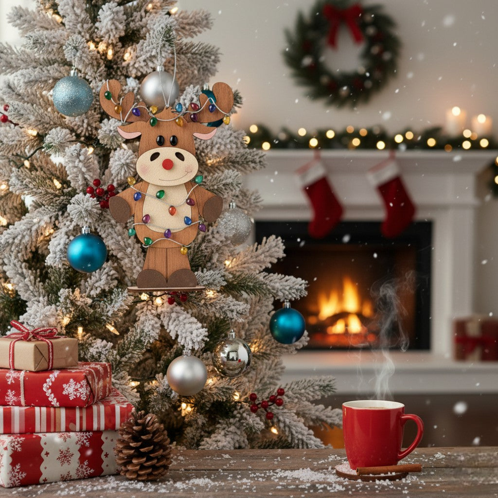 [2D FLAT ACRYLIC] Cute Reindeer Christmas Ornament | 2D Wood Ornament with String Lights | Holiday Tree Decoration