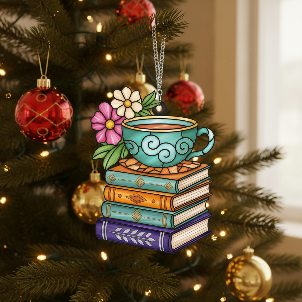 [2D FLAT ACRYLIC] Floral Book & Tea Acrylic Ornament – Charming Gift for Book Lovers
