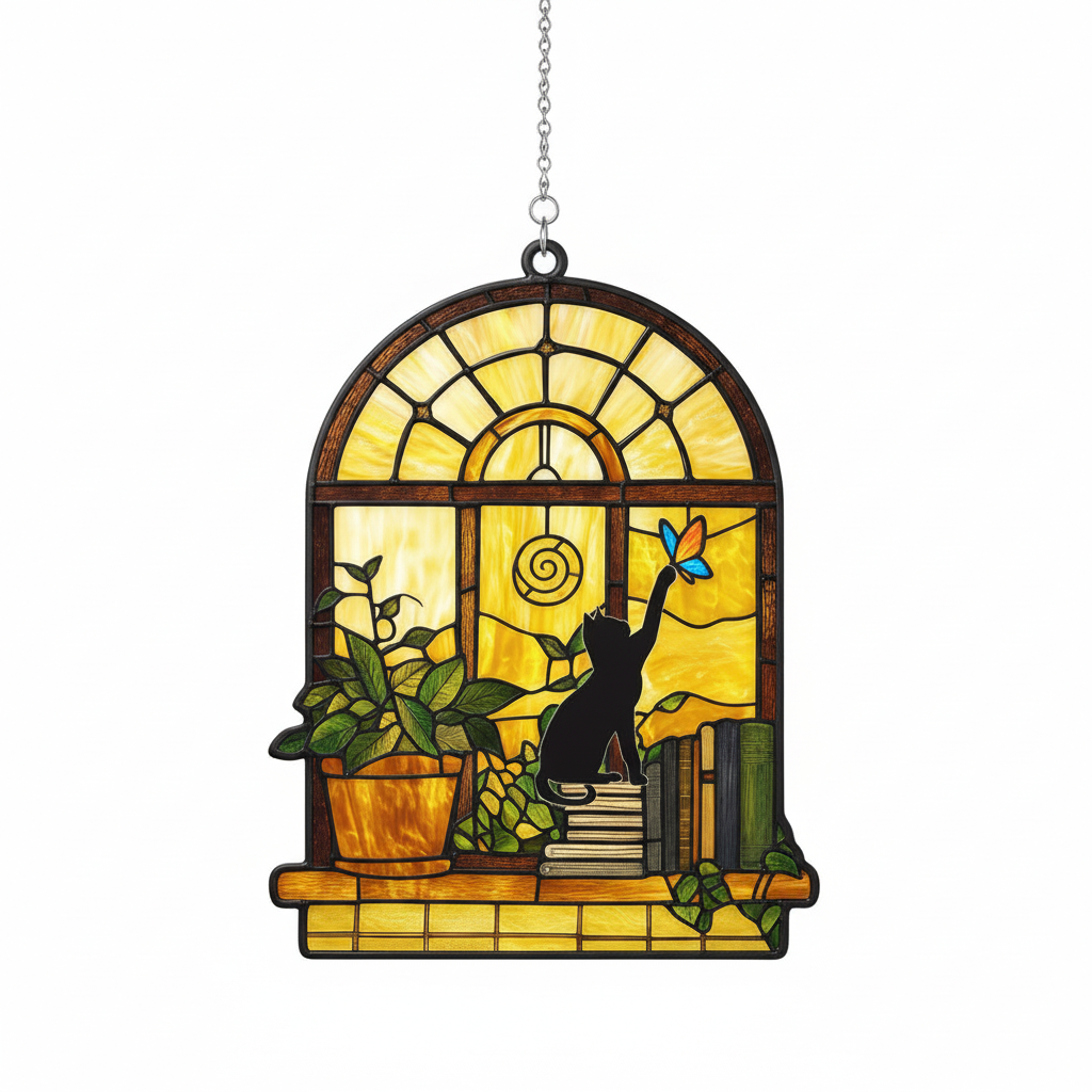 [2D FLAT ACRYLIC] Black Cat and Book Suncatcher Ornament – Stained Glass Style Window Hanging for Book Lovers