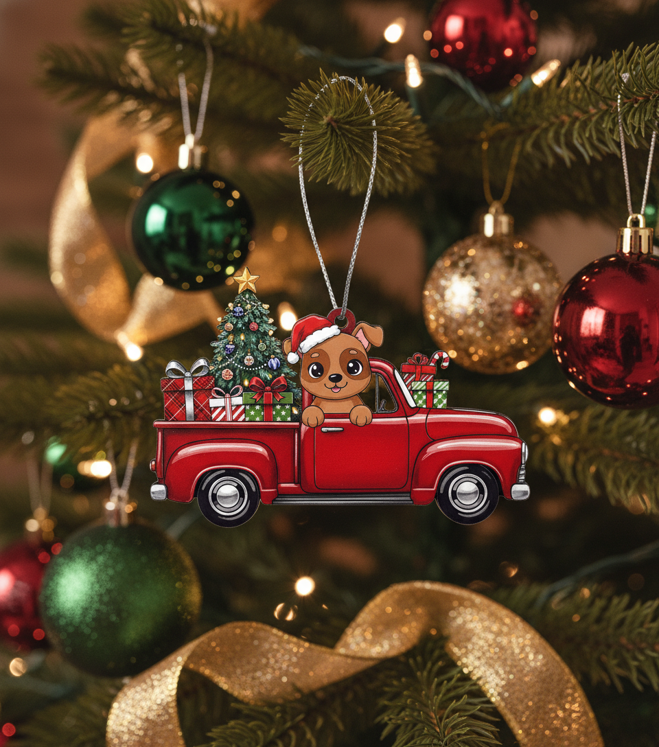 [2D FLAT ACRYLIC] Pitbull Christmas Ornament | 3D Wood Red Truck Holiday Decor for Dog Lovers