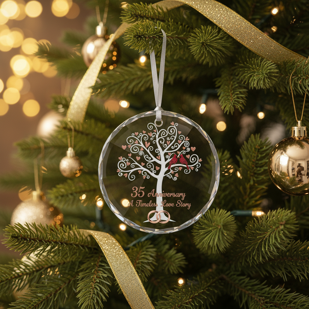 [2D FLAT ACRYLIC] 35th Coral Wedding Anniversary Glass Ornament – Keepsake Gift for Parents & Couples