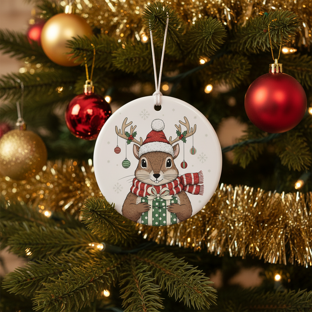 [2D FLAT ACRYLIC] Ceramic Squirrel Christmas Ornament | Cute Holiday Decor & Gift for Animal Lovers
