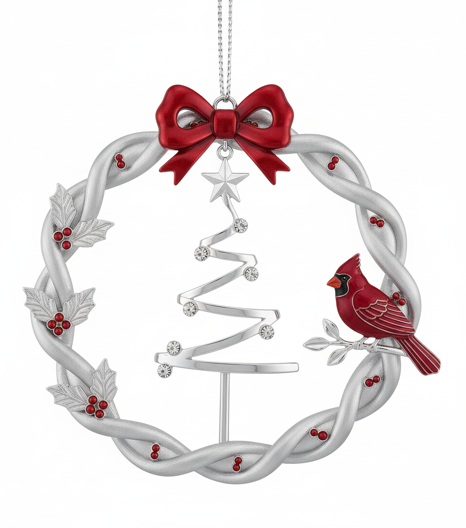 [2D FLAT ACRYLIC] 2025 Christmas Wreath Ornament with Spinning Tree – Metal Holiday Keepsake