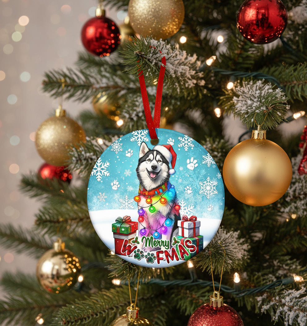 [2D FLAT ACRYLIC] Adorable Husky Christmas Ornament with Santa Hat | Ceramic Holiday Decor & Dog Lover Gift