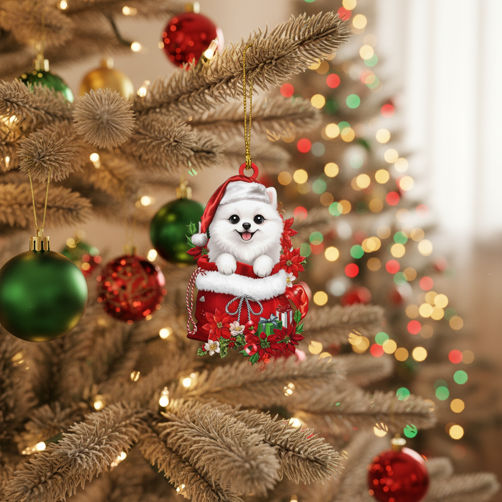 [2D FLAT ACRYLIC] Pomeranian Christmas Ornament – Cute Pom Dog in Santa Bag Keepsake Gift