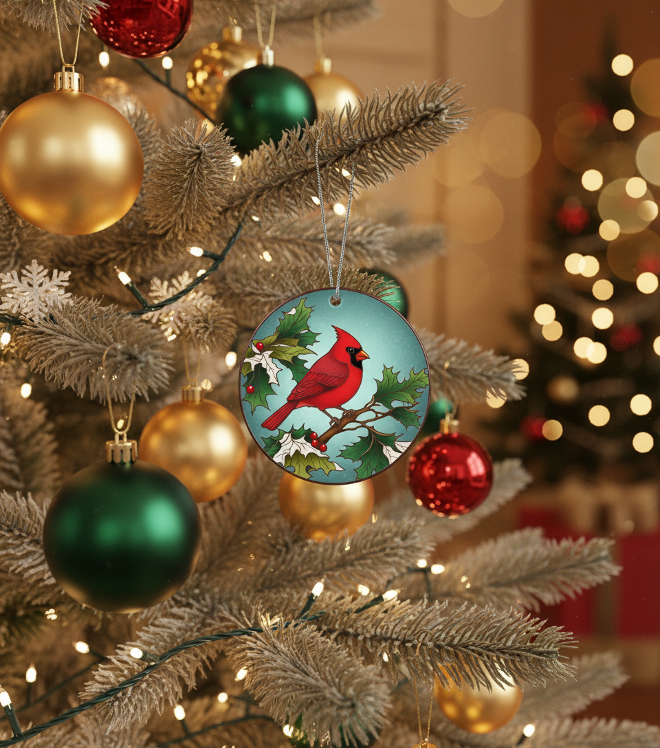 [2D FLAT ACRYLIC] Vintage Red Truck Christmas Ornament | Rustic Wood Slice Holiday Decor