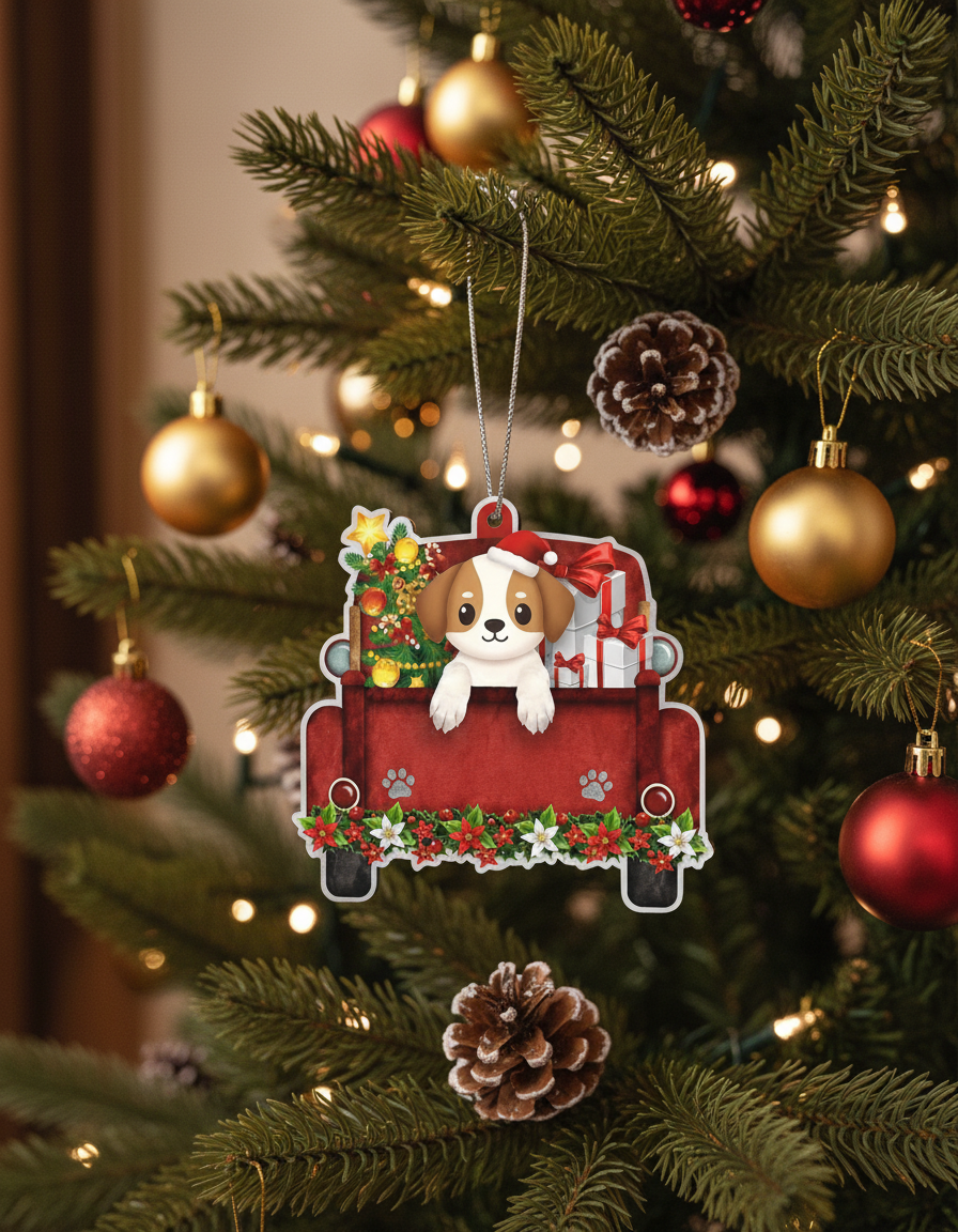 [2D FLAT ACRYLIC] Beagle Red Car Christmas Ornament | Holiday Keepsake Gift for Dog Lovers