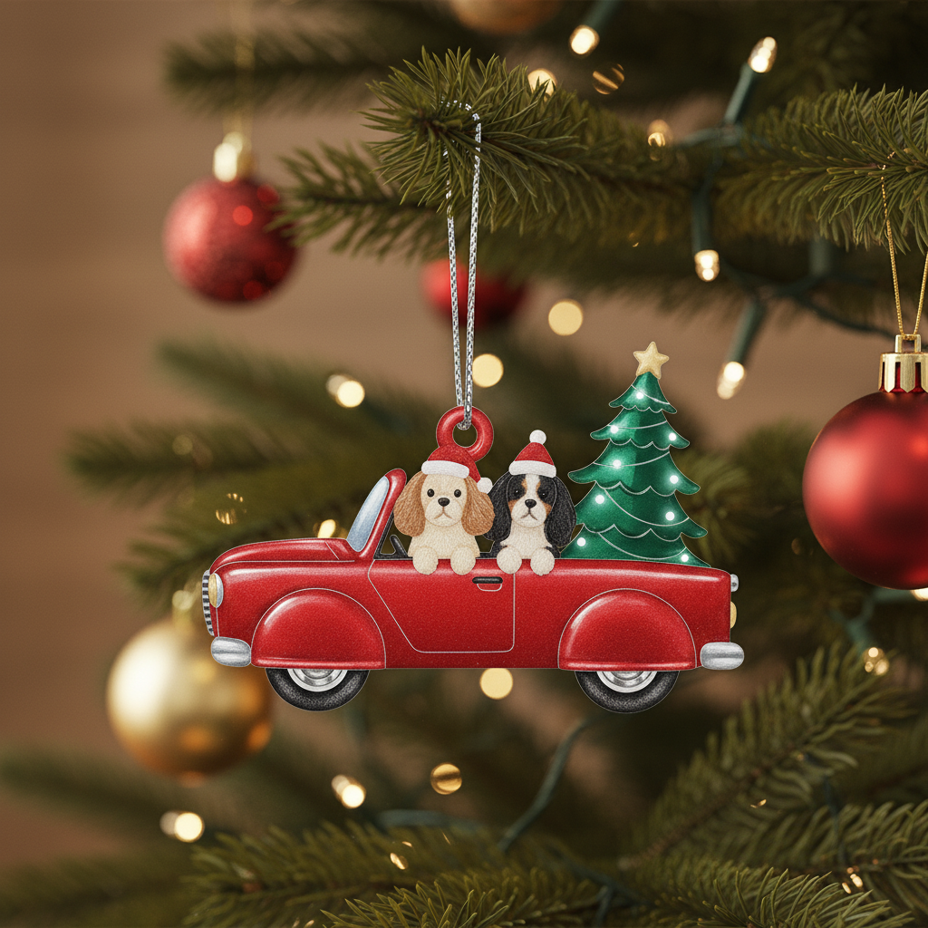 [2D FLAT ACRYLIC] Cavalier King Charles Spaniel Red Truck Christmas Ornament – Dog Lover Keepsake Gift