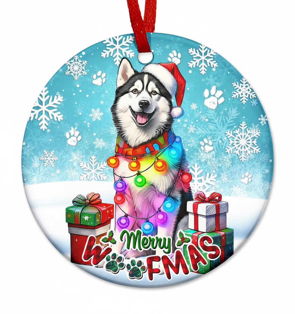 [2D FLAT ACRYLIC] Adorable Husky Christmas Ornament with Santa Hat | Ceramic Holiday Decor & Dog Lover Gift