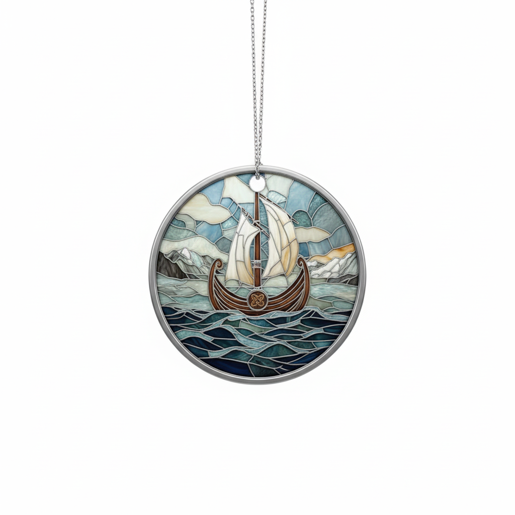 [2D FLAT ACRYLIC] Viking Ship Ceramic Ornament – Norse Longboat Christmas Tree Decor