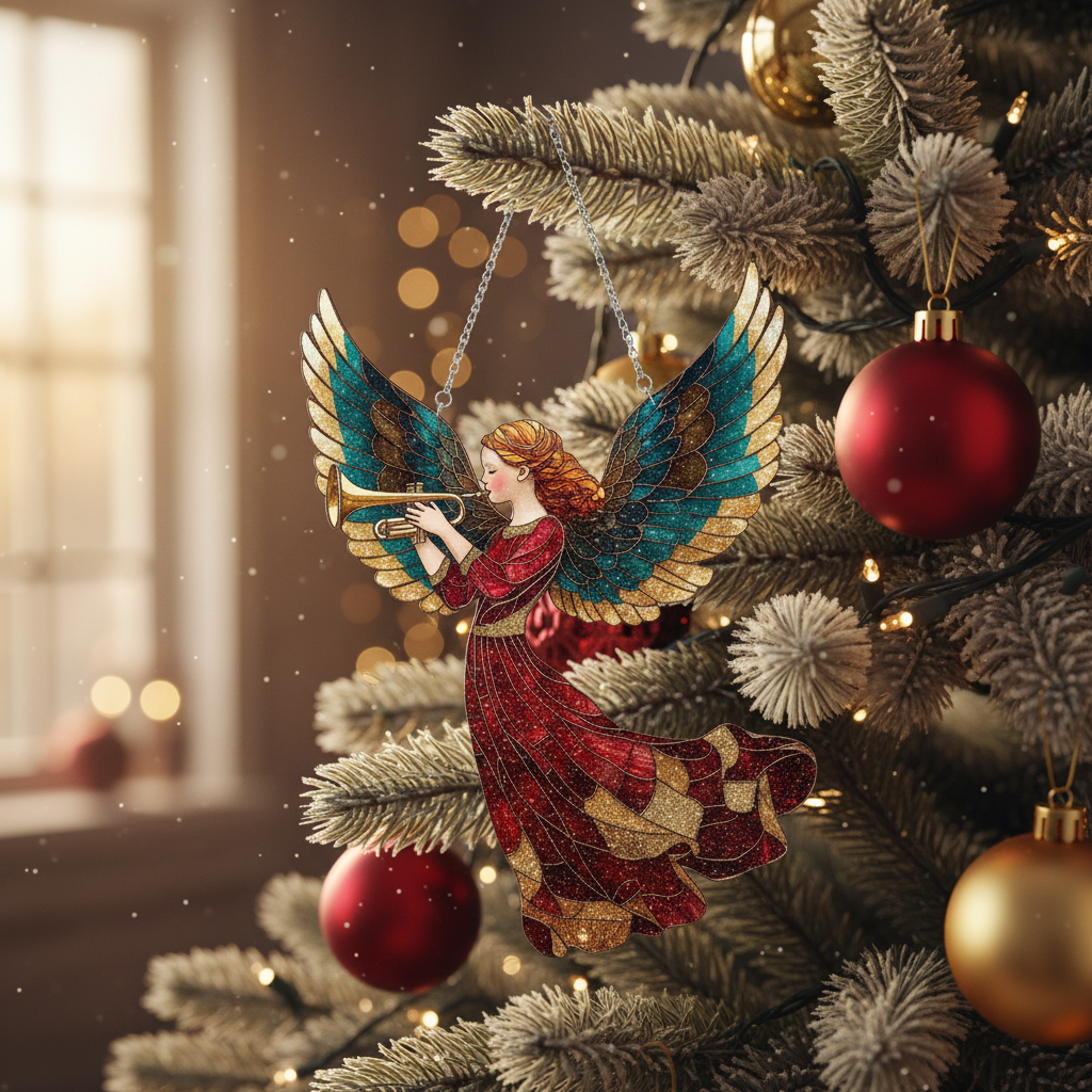 [2D FLAT ACRYLIC] Angel with Trumpet Suncatcher – Whimsical Christmas Ornament & Window Decor