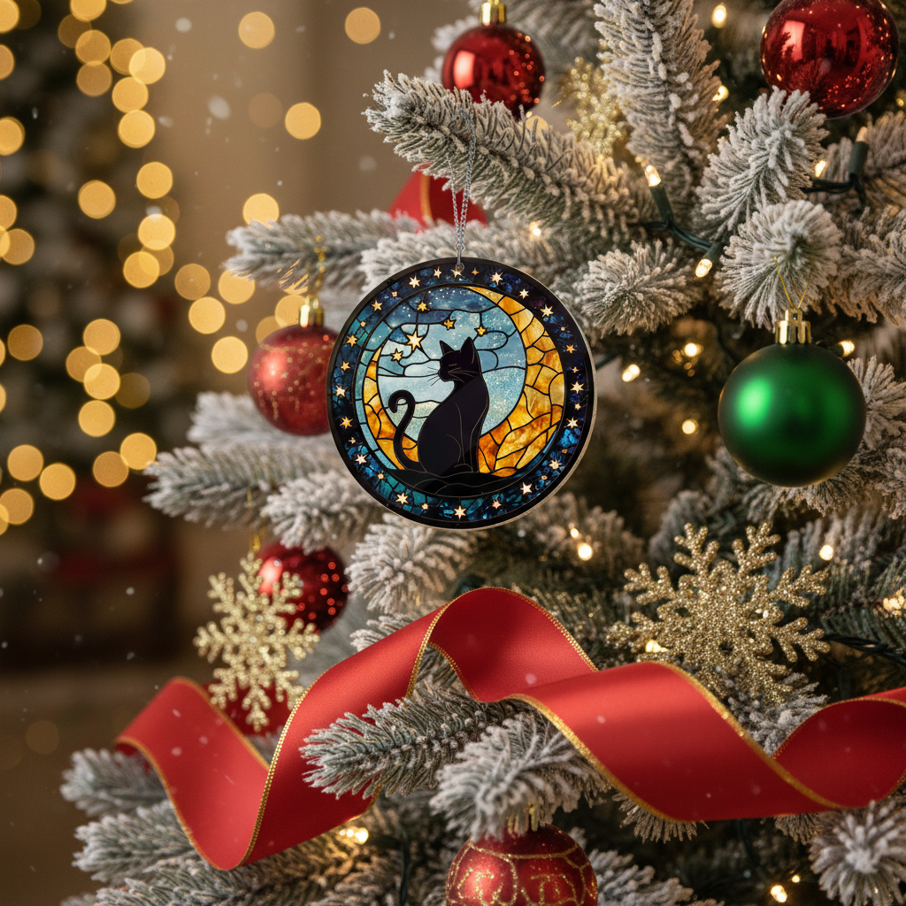 [2D FLAT ACRYLIC] Mystical Black Cat on Moon Suncatcher – Acrylic Window Hanging Decor