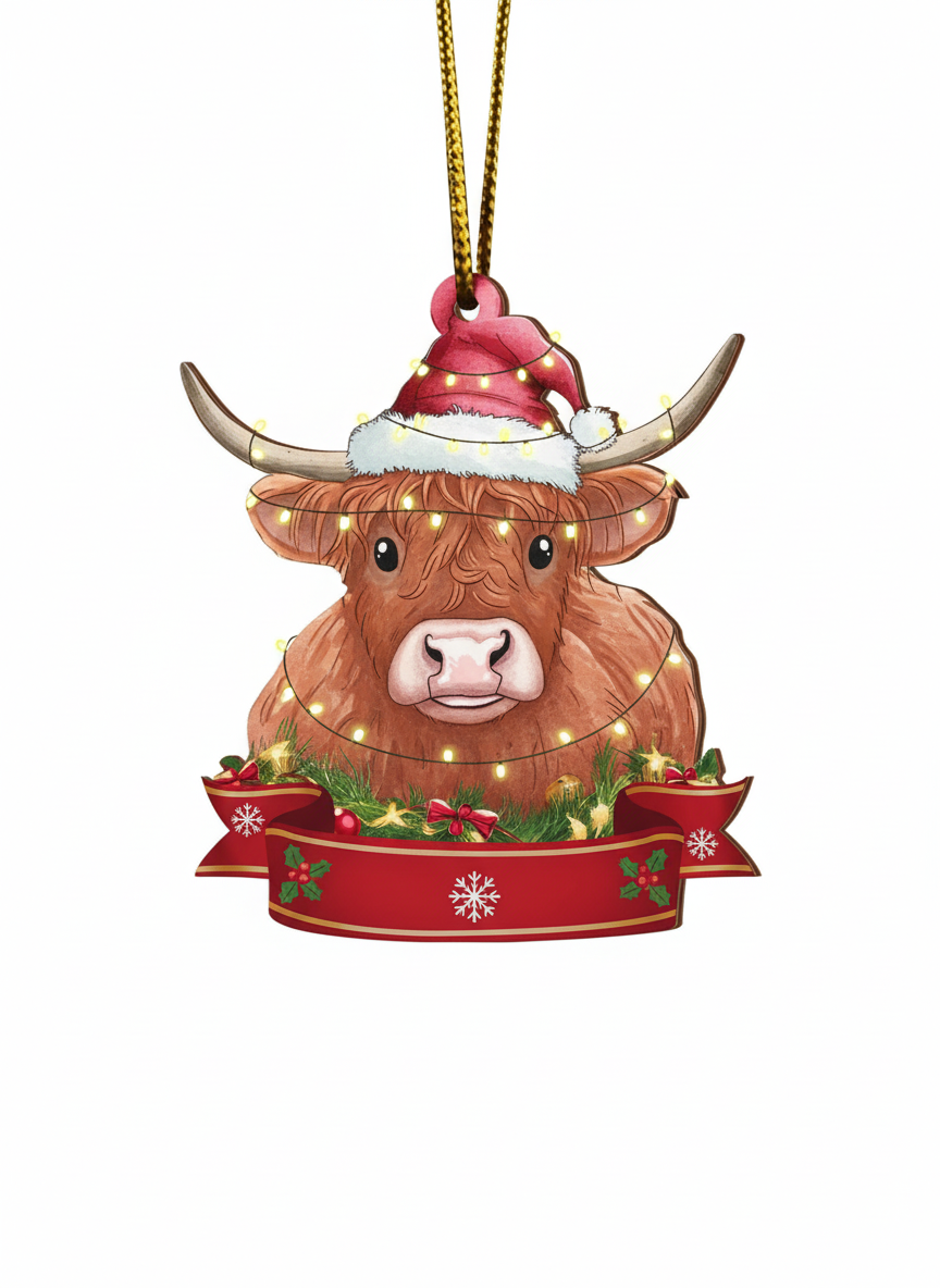 [2D FLAT ACRYLIC] American Highland Cow Ornament – Christmas Tree & Car Decor Gift