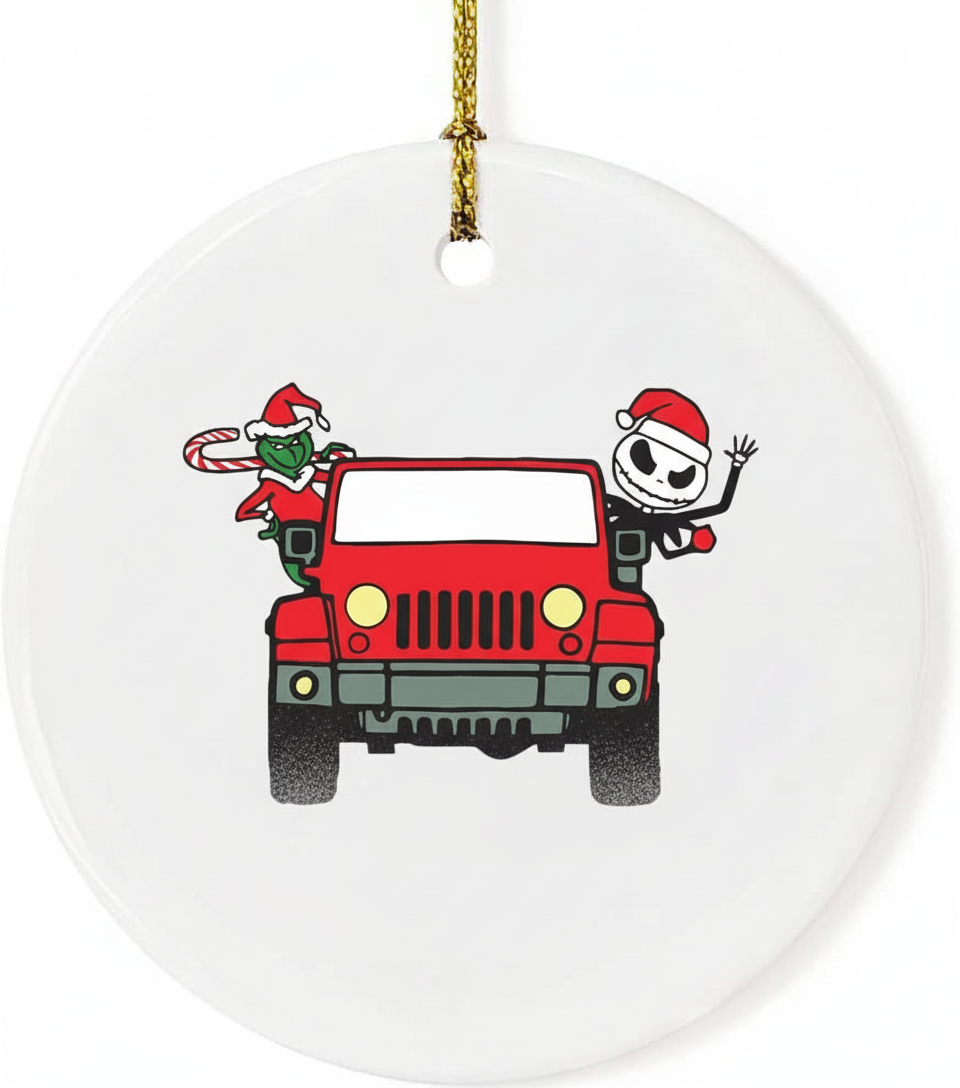 [2D FLAT ACRYLIC] Red Truck Christmas Ornament with Jack Skellington & Grinch | Holiday Decor Gift