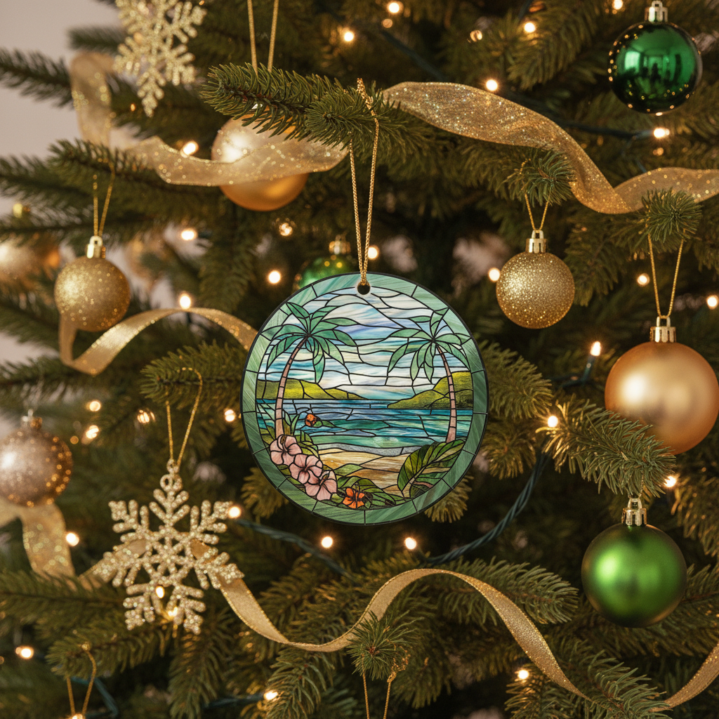 [2D FLAT ACRYLIC] Stunning Hawaii Christmas Ornament – Faux Stained Glass Ceramic Keepsake