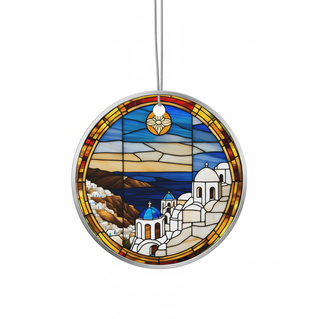 [2D FLAT ACRYLIC] Santorini Greece Stained-Glass Style Ornament | Greek Island Vacation & Travel Keepsake Gift